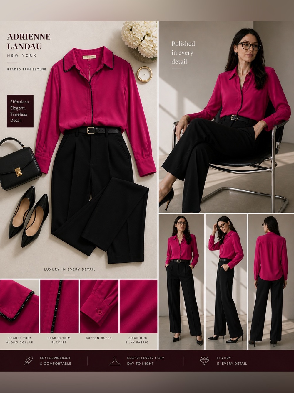 Adrienne Landau Fuchsia Silk Blouse with Beaded Trim - Picture 2 of 2
